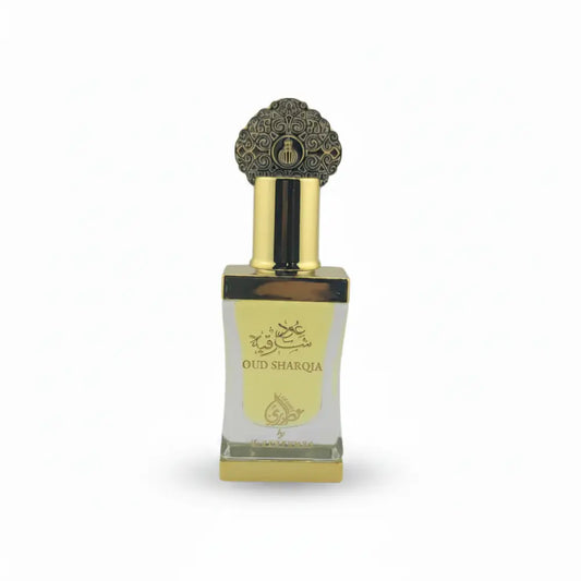 Perfume bottle labeled 'Oud Sharqia' on a white background