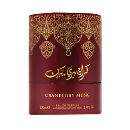 Maroon cylindrical arabiyat prestige cranberry musk edp 100ml perfume bottle with gold ornate detailing and arabic script