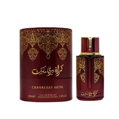 A bottle of arabiyat prestige cranberry musk edp 100ml in deep burgundy cylindrical packaging with gold arabic calligraphy