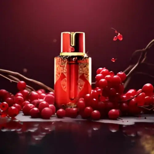 A sleek rectangular red perfume bottle with gold accents and cap for arabiyat prestige cranberry musk edp 100ml unisex