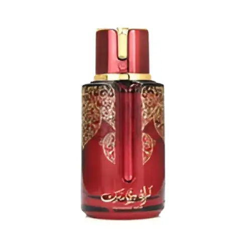 Red glass arabiyat prestige cranberry musk edp 100ml perfume bottle with gold ornate detailing and cap