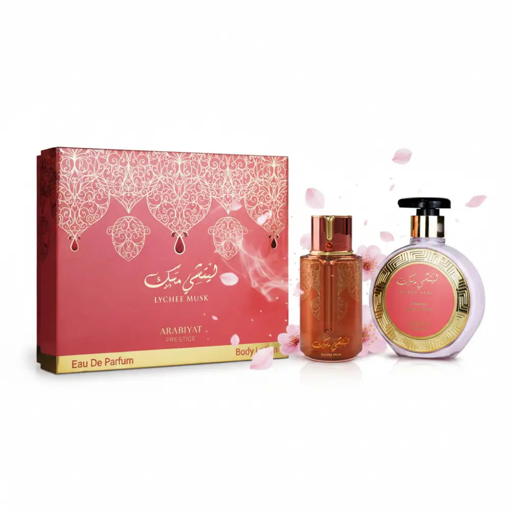 Luxury pink and gold arabiyat prestige lychee musk floral woody musk perfume set with amber glass bottle and lotion dispenser
