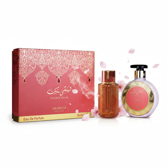 Luxury pink and gold arabiyat prestige lychee musk floral woody musk perfume set with amber glass bottle and lotion dispenser