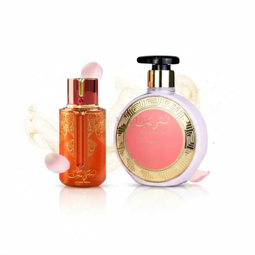 Arabiyat prestige lychee musk gift set with orangish-red glass bottle gold floral patterns and lavender pump dispenser