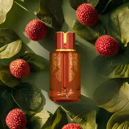 A sleek amber arabiyat prestige perfume bottle with gold cap and floral woody musk lychee musk detailing