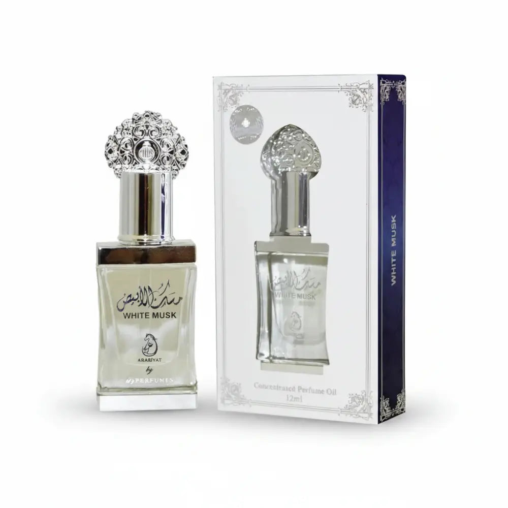 White Musk perfume bottle with silver cap and packaging on a white background