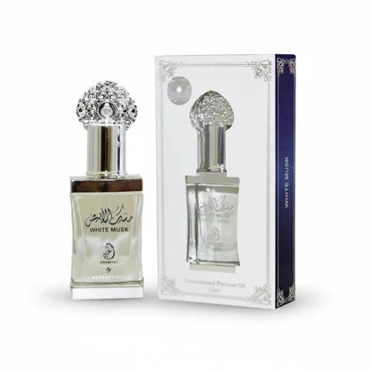 White Musk perfume bottle with silver cap and packaging on a white background