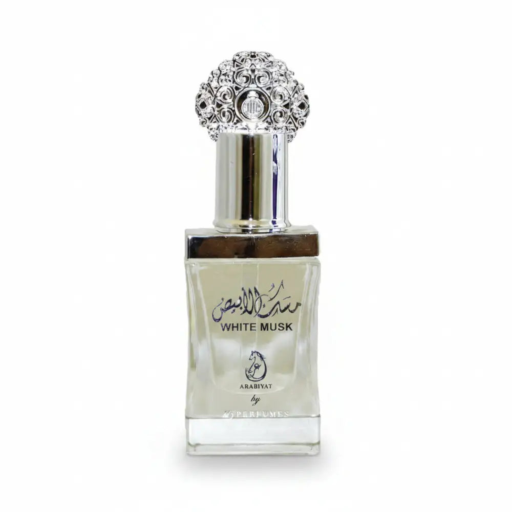 Perfume bottle with decorative cap labeled 'White Musk' by Arabiyat.