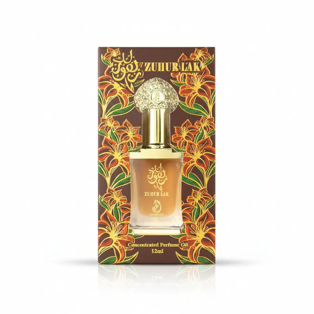 Perfume oil packaging with floral design on a white background Arabiyat - Zuhur Lak | CPO 12ML | Unisex
