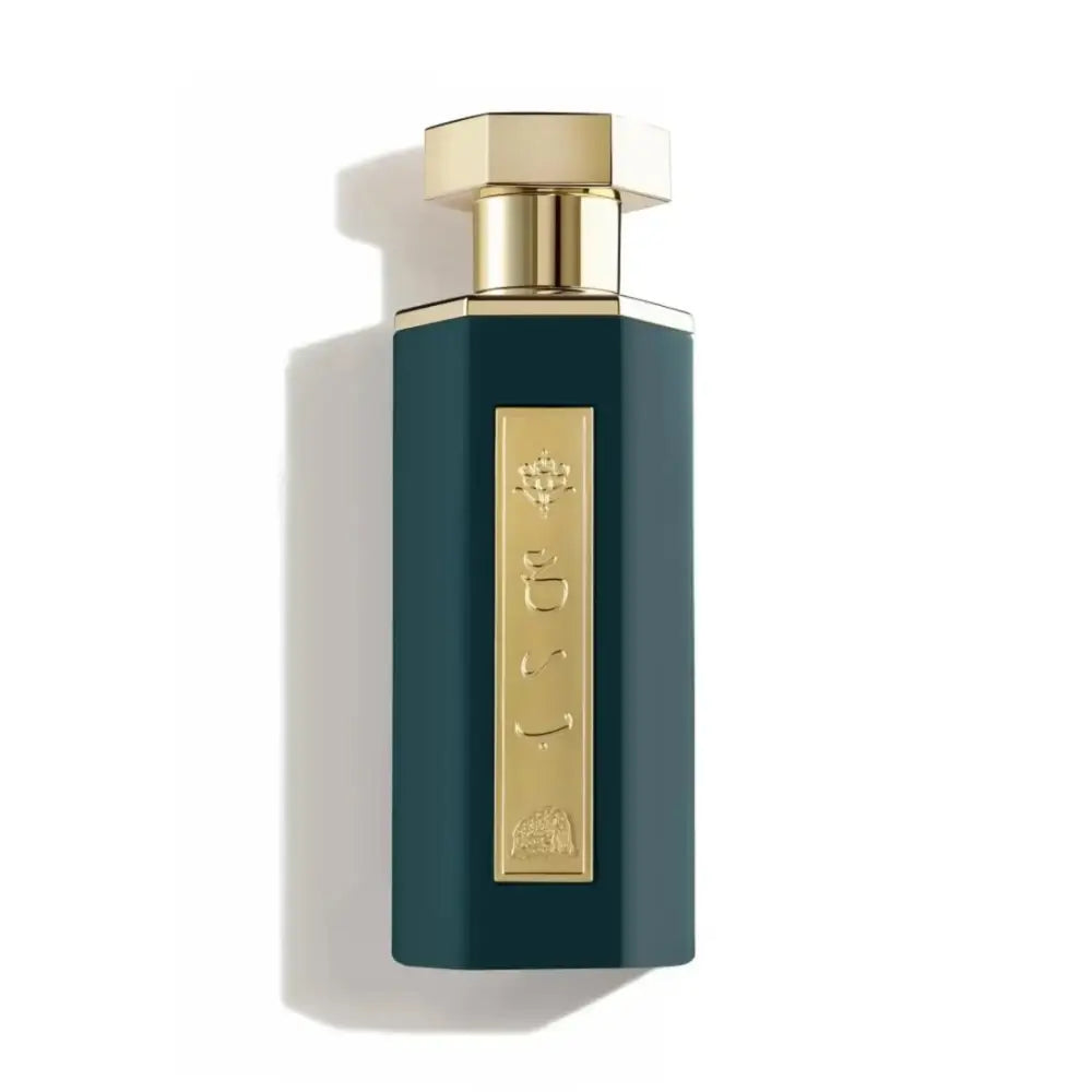 Perfume bottle with gold cap and label on a white background
