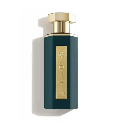 Perfume bottle with gold cap and label on a white background