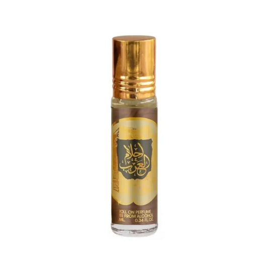 Roll-on perfume bottle with gold cap and label on a white background