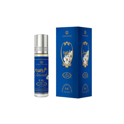 A sleek 6 ml roll-on concentrated perfume oil aroosah cpo by al rehab with a floral woody scent and royal blue packaging