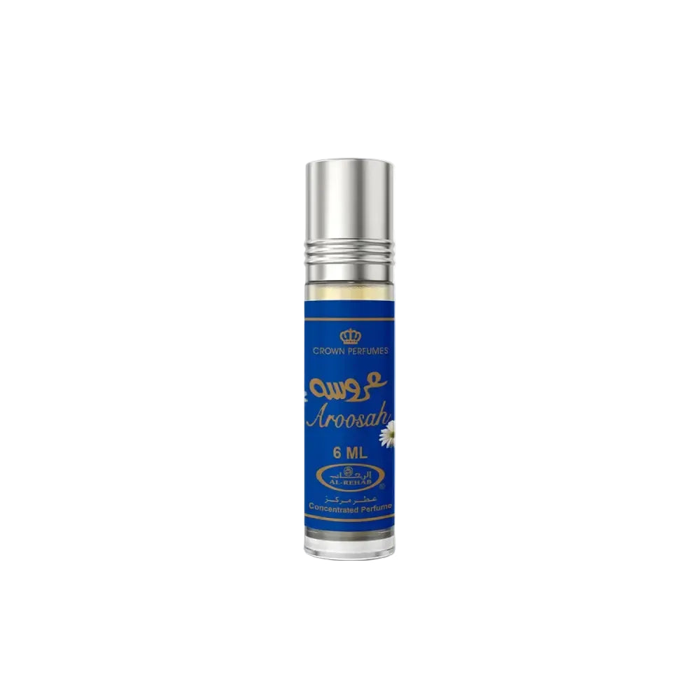 Aroosah CPO 6ml concentrated perfume oil by Al Rehab in a sleek silver roll-on bottle with a blue floral woody label