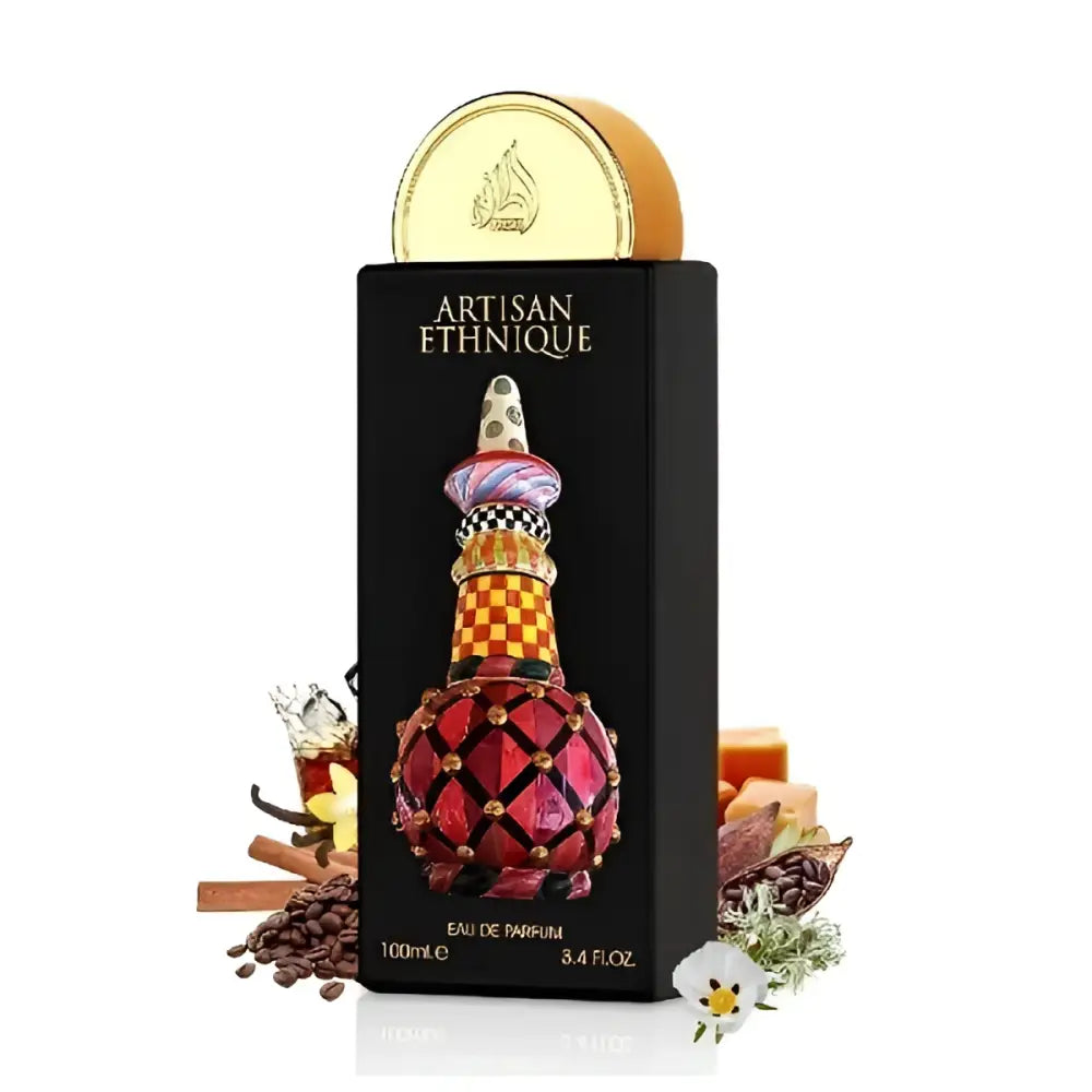 Artisan ethnique eau de parfum 100ml by lattafa pride in a vibrant red and gold intricately patterned bottle