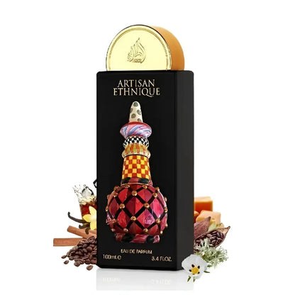 Artisan ethnique eau de parfum 100ml by lattafa pride in a vibrant red and gold intricately patterned bottle