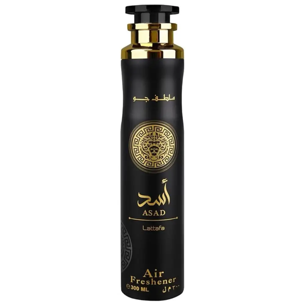 Asad air freshener 300ml: black cylindrical with gold lion emblem
