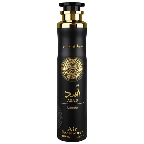 Asad air freshener 300ml: black cylindrical with gold lion emblem