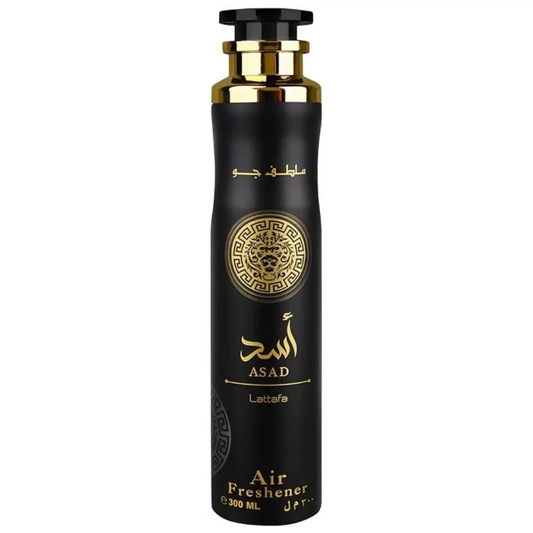 Asad air freshener 300ml: black cylindrical with gold lion emblem