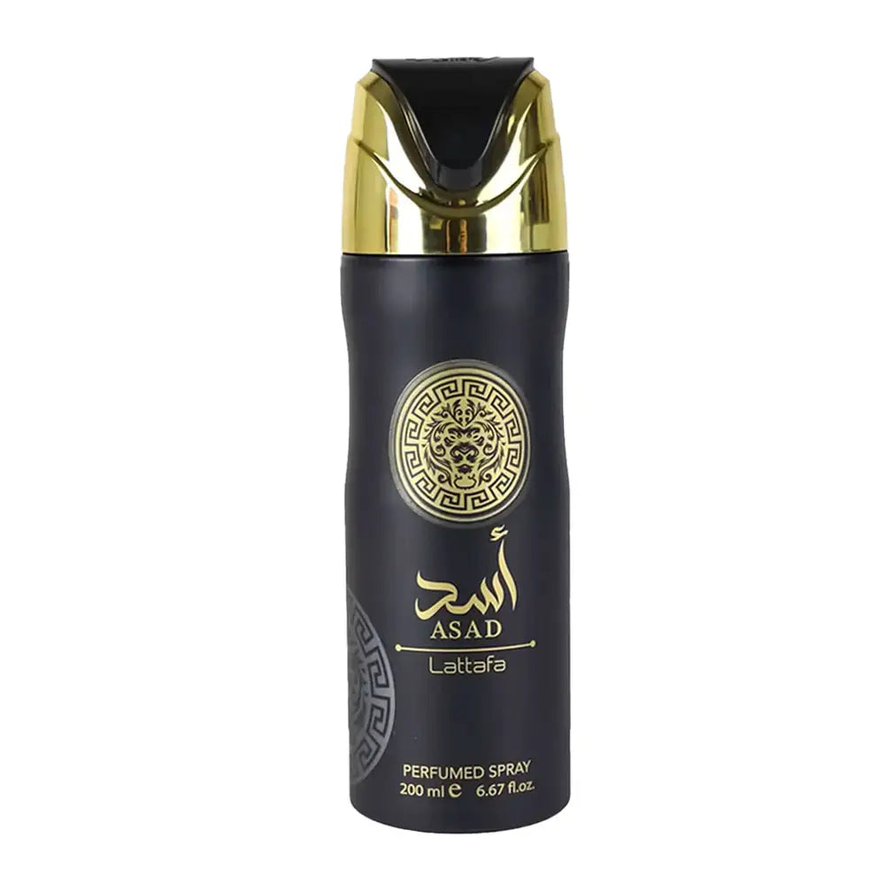 Black cylindrical asad lattafa perfumed body spray 200ml with gold accents and lion emblem for men