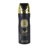 Black cylindrical asad lattafa perfumed body spray 200ml with gold accents and lion emblem for men