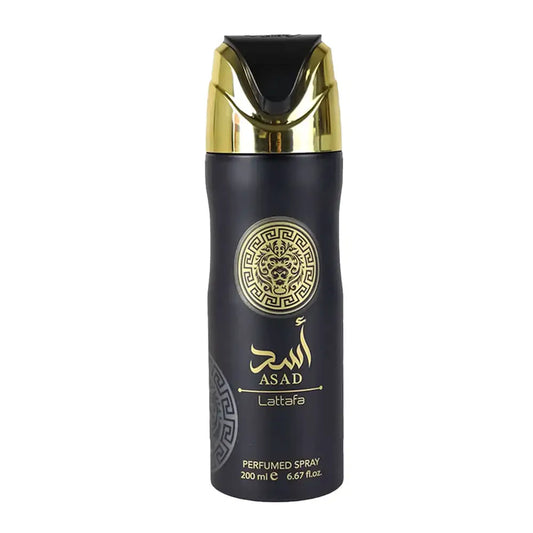 Black cylindrical asad lattafa perfumed body spray 200ml with gold accents and lion emblem for men