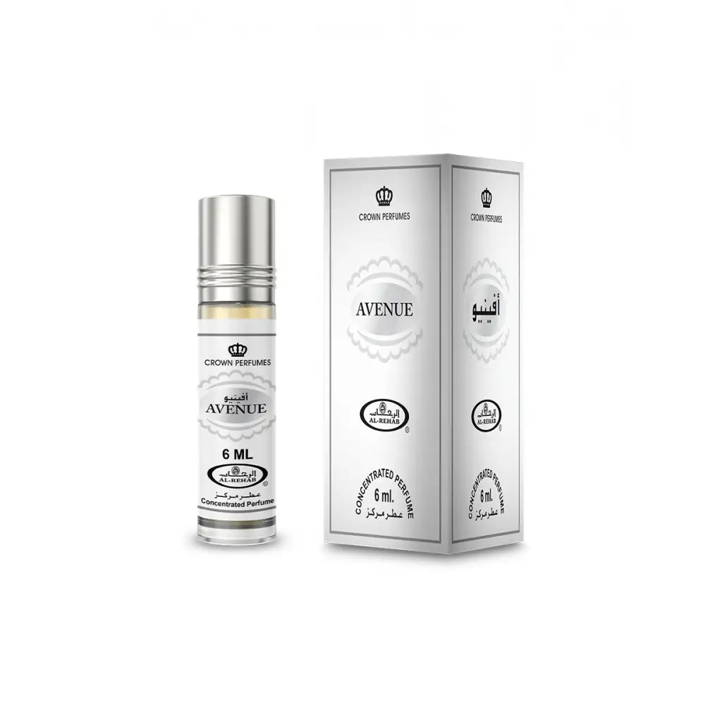 Silver-topped glass rollerball bottle of avenue cpo 6ml concentrated perfume oil by al rehab