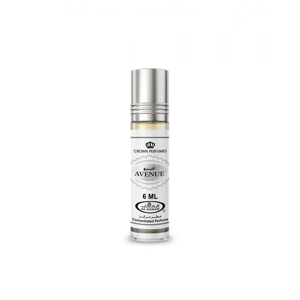 Silver-topped roll-on perfume oil with white label and black silver text containing 6 ml concentrated perfume oil avenue cpo al rehab