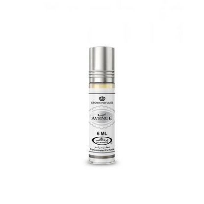 Silver-topped roll-on perfume oil with white label and black silver text containing 6 ml concentrated perfume oil avenue cpo al rehab