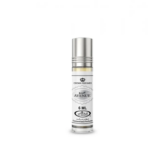 Silver-topped roll-on perfume oil with white label and black silver text containing 6 ml concentrated perfume oil avenue cpo al rehab
