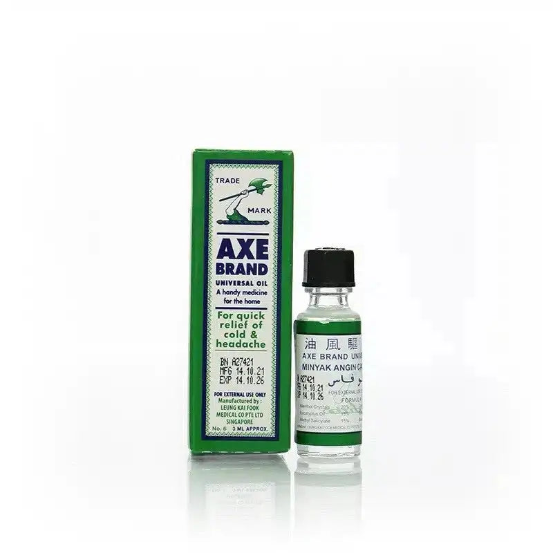AXE Brand Universal Oil 3ml – trusted herbal oil remedy from Singapore for 80+ years. Fast relief for headache, cold, muscle pain & travel sickness.