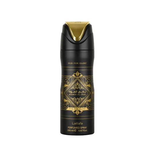 Black and gold Bade’e al oud perfumed body spray bottle with intricate geometric patterns by Lattafa for men and women