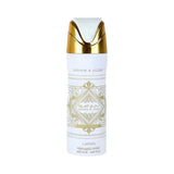 White and gold bade’e al oud honor and glory body spray by lattafa with ornate geometric design and arabic script