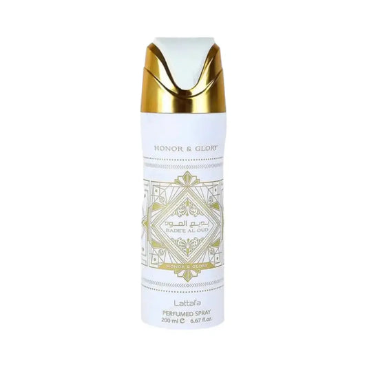 White and gold bade’e al oud honor and glory body spray by lattafa with ornate geometric design and arabic script