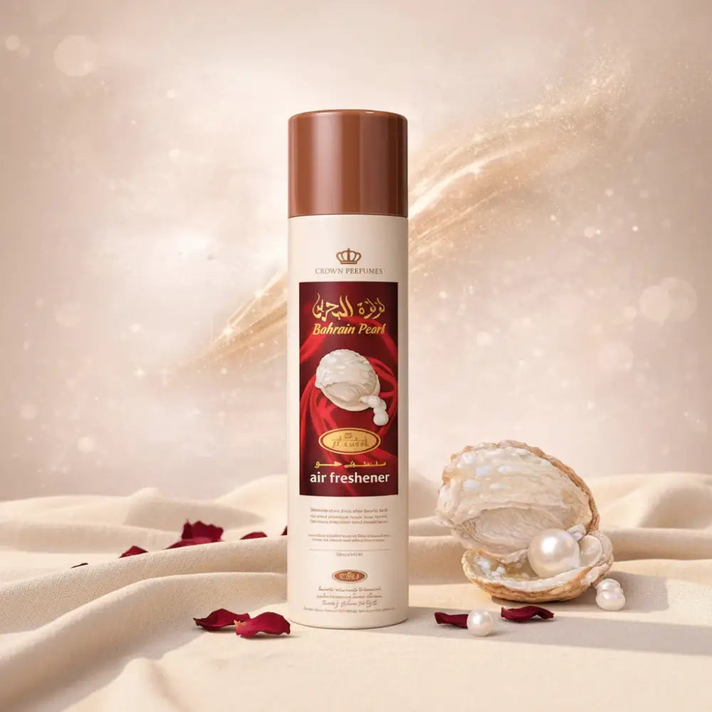 Crown bahrain pearl air freshener 300ml in a sleek white can with bronze cap oriental home fragrance by al rehab