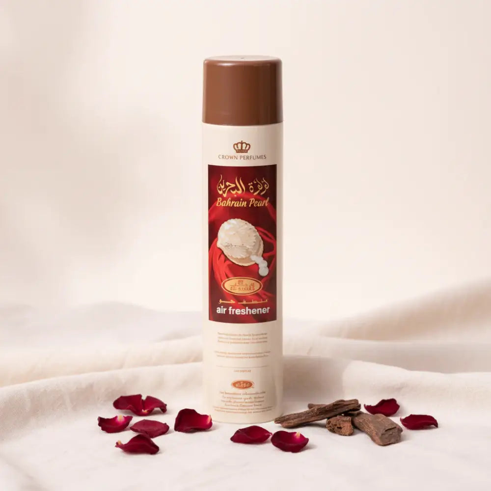 Bahrain pearl air freshener 300ml in white can with brown cap and red label featuring pearl illustration by al rehab