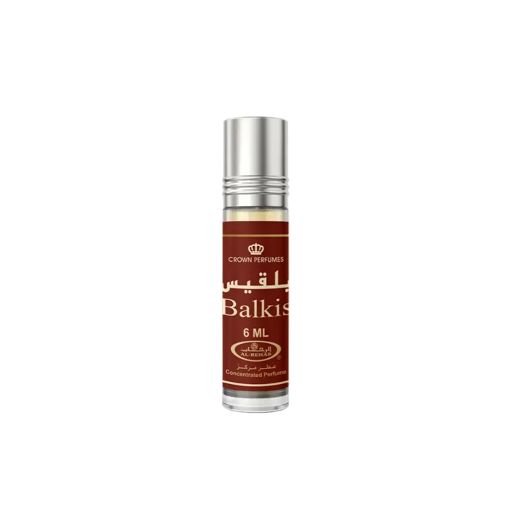 A sleek 6 ml concentrated perfume oil roll-on bottle with silver cap and maroon label for balkis by crown perfumes