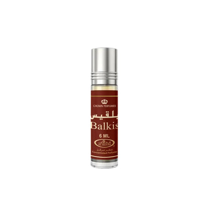 A sleek 6 ml concentrated perfume oil roll-on bottle with silver cap and maroon label for balkis by crown perfumes