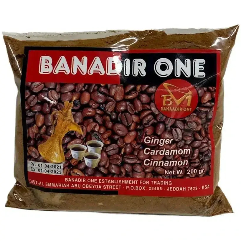 Banadir one coffee kahwa traditional qahwa ginger cardamom cinnamon blend in 200g brown plastic bag with red black label