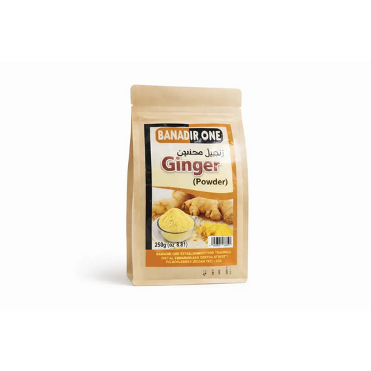 A beige resealable pouch of banadir one ginger powder and tangawis tea mix featuring traditional somali spice labels