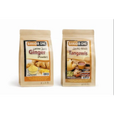 Two beige resealable pouches of banadir one traditional somali ginger powder and tangawis tea mix 250g spices