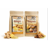 Two beige resealable pouches of banadir one containing traditional somali ginger powder and tangawis tea mix 250g