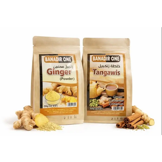 Two beige resealable pouches of banadir one containing traditional somali ginger powder and tangawis tea mix 250g