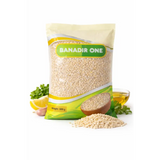 A 500g transparent plastic bag of banadir one premium quality white sesame seeds with a green and yellow label showing seeds in a wooden bowl