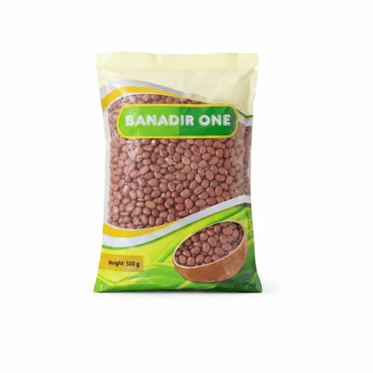 A 500g transparent bag of banadir one premium quality red beans with a green and yellow label showing beans in a wooden bowl