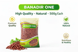 A 500g bag of banadir one premium quality red beans in green and yellow packaging with a clear window showing the beans