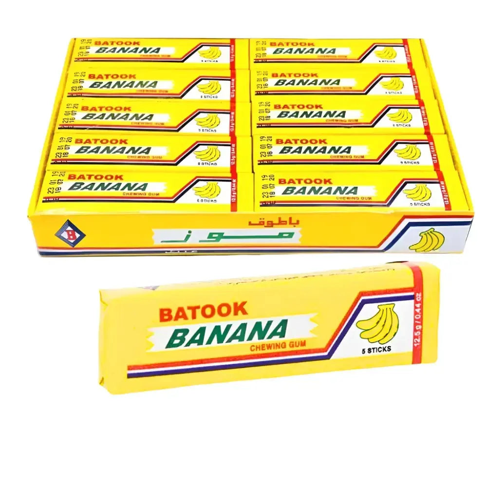 Multiple boxes of Batook Banana chewing gum on a white background