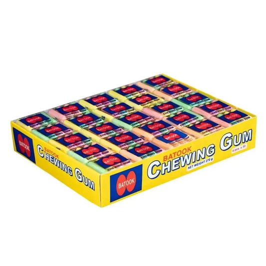 Bright yellow cardboard batook chewing gum assorted flavours display box with colorful pink and green wrapped pieces