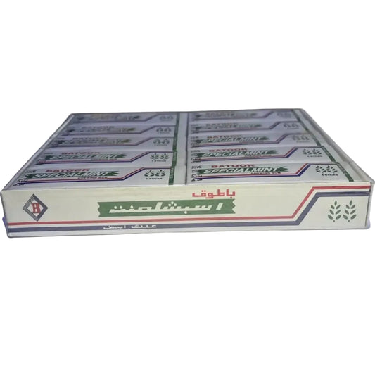 A rectangular box of batook special mint chewing gum in white and green with red and blue accents 250g pack