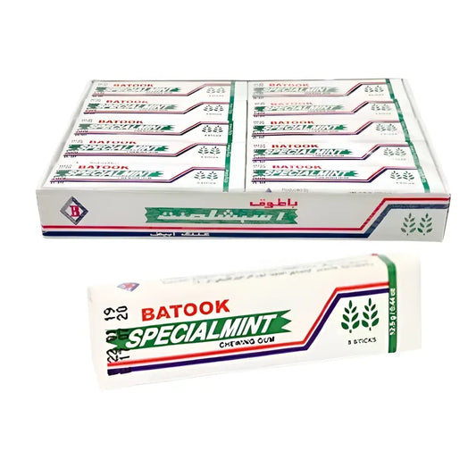 White cardboard box of batook special mint chewing gum with red green and blue branding in 250g pack